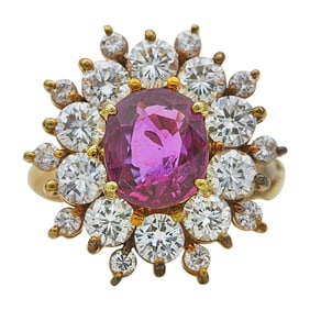 14K Yellow Gold Ruby and Diamond Cluster Halo Ring