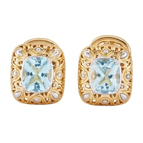 Attributed to John Hardy 18K Yellow and White Gold Cushion-Shaped Aquamarine Earrings