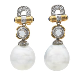 18K Yellow Gold Baroque Pearl, Round and Rose Cut Diamond and Sapphire Drop Earrings