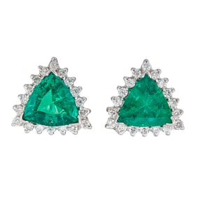 14K White Gold Trillion-Cut Emerald and Diamond Halo Earrings