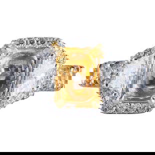 Platinum and 18K Yellow Gold Diamond Engagement Ring Setting: METAL: Platinum/18K Yellow Gold; APPROXIMATE TOTAL DIAMOND WEIGHT: 3.85 ctw; TESTED: Platinum/18K Yellow Gold; CONDITION: Pre-owned, Very Good; ITEM WEIGHT (GRAMS): 7.4 g; MEASUREMENTS: Ring size 6,