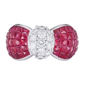 18K White Gold Invisible-Set Ruby and Diamond Bow Ring