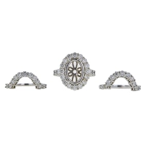 Platinum Diamond Oval Halo Engagement Ring Setting and Two Curved Band Rings