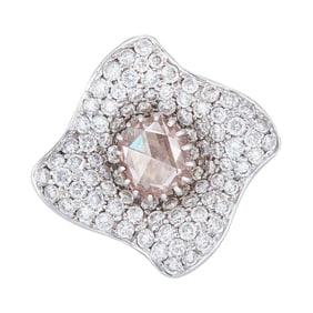 18K White Gold Light Brown Rose-Cut Diamond and Colorless Diamond Floral Ring