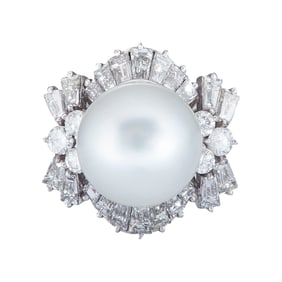 Platinum South Sea Pearl and Mixed-Cut Diamond Setting Ring