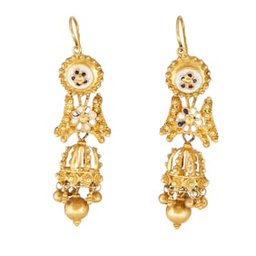 Antique 18K Yellow Gold Enamel Day to Night Earrings