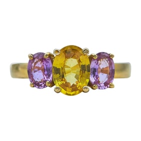 18K Yellow Gold Yellow and Pink Sapphire Three Stone Ring