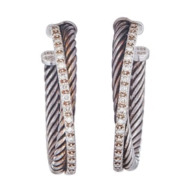 David Yurman Cable 14K White Gold and Sterling Silver Diamond Hoop Earrings