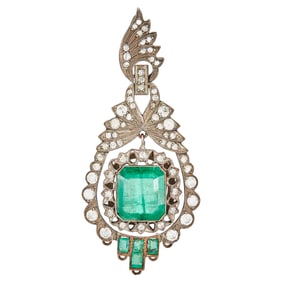 10K Rose Gold and Sterling Silver Emerald and Diamond Articulated Drop Pendant