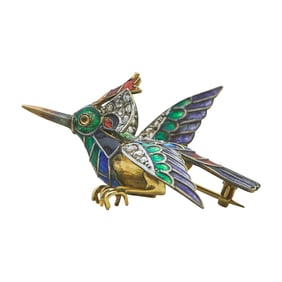 18K Yellow Gold Enamel and Rose-Cut Diamond Bird Brooch Pin