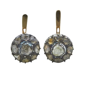 14K Rose Gold and Silver Rose-Cut Diamond Cluster Drop Earrings