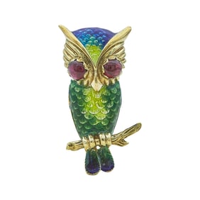 14K Yellow Gold Enamel and Garnet Owl Brooch Pin