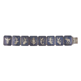 Siam Sterling Silver Niello Figural Hinged Panel Bracelet
