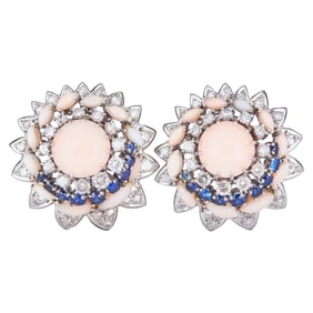 18K White Gold Angel Skin Coral, Diamond and Sapphire Earrings