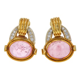 18K Yellow Gold Pink Tourmaline Cabochon and Diamond Earrings