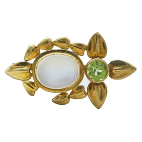 18K Yellow Gold Peridot and Moonstone Brooch Pin