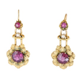 14K Yellow Gold Plated Rhodolite and Seed Pearl Flower Earrings with Removable Drops