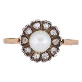 18K Yellow Gold and Silver Akoya Pearl and Rose-Cut Diamond Ring