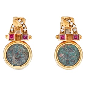Fred Paris 18K Yellow Gold Ancient Coin, Ruby and Diamond Earrings