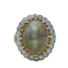 14K Yellow Gold Cat's Eye Chrysoberyl and Diamond Ring