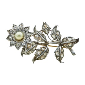 18K Yellow Gold and Platinum Rose and Round-Cut Diamond and Akoya Pearl Flower Brooch Pin
