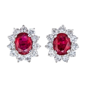 18K White Gold Ruby and Diamond Halo Cluster Stud Earrings