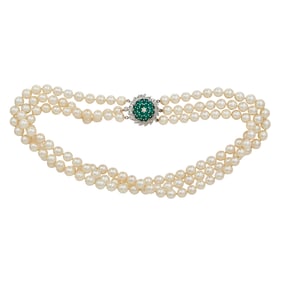 Triple Strand 7mm Akoya Pearl Choker Necklace with 14K White Gold Diamond and Emerald Clasp