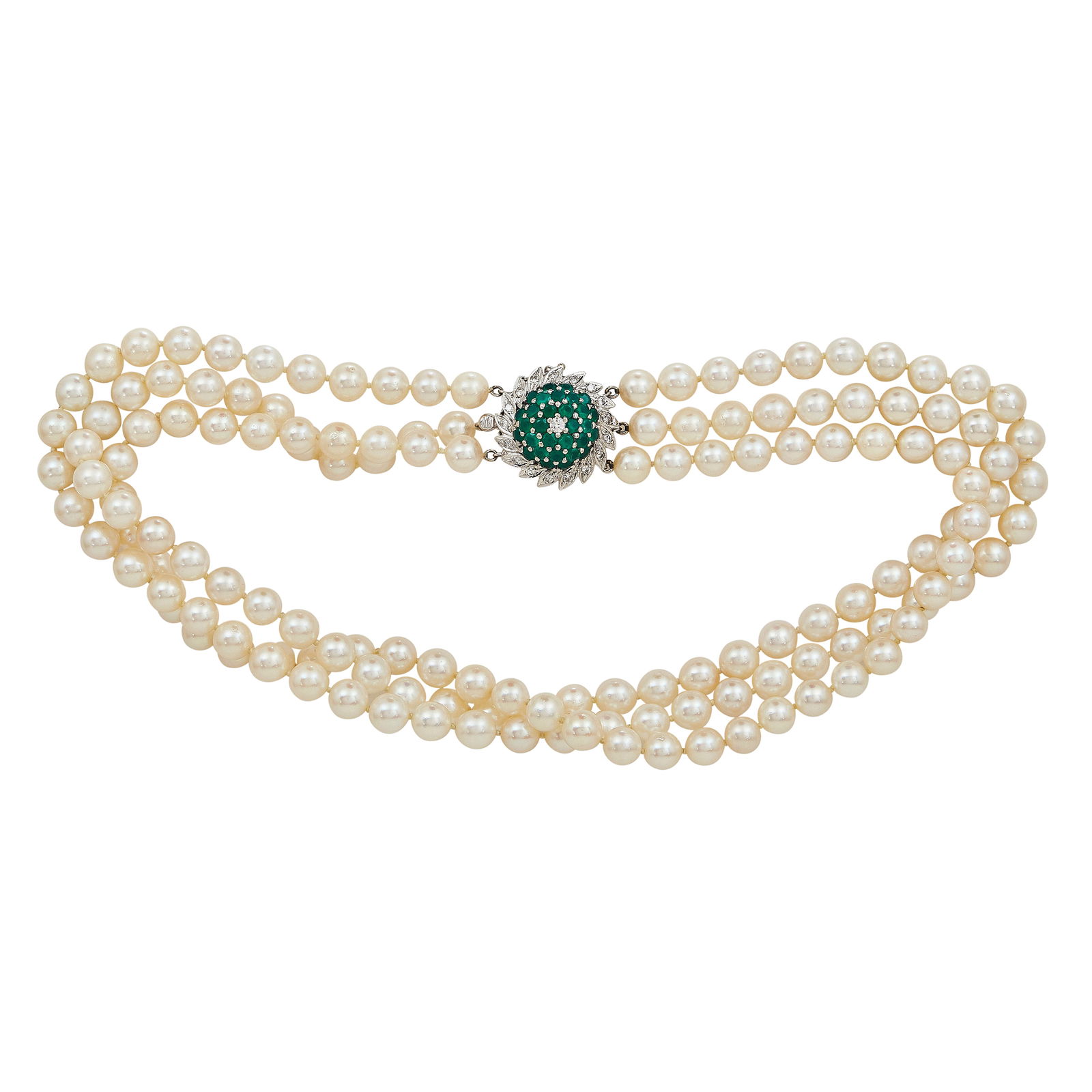 Triple Strand 7mm Akoya Pearl Choker Necklace with 14K White Gold Diamond and Emerald Clasp (1 of 4)
