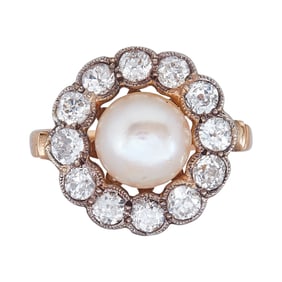 Vintage 18K Yellow Gold and Silver Akoya Pearl and Diamond Halo Ring
