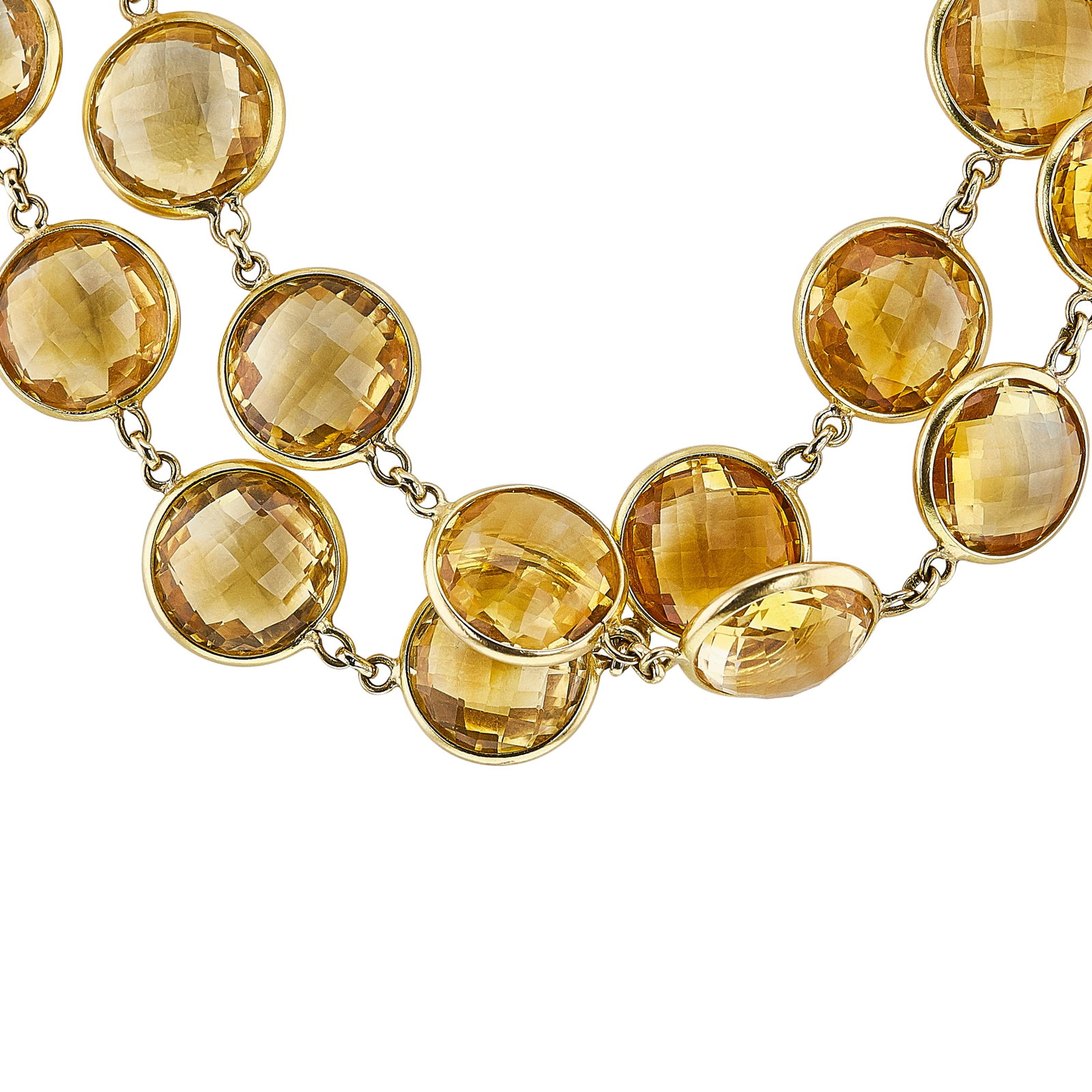 18K Yellow Gold Bezel-Set Citrine Necklace: METAL: 18K Yellow Gold; GEMSTONES: Citrine; TESTED: 18K Yellow Gold; CONDITION: Pre-owned, Very Good; ITEM WEIGHT (GRAMS): 84.4 g; MEASUREMENTS: Necklace length 37 1/2 inches