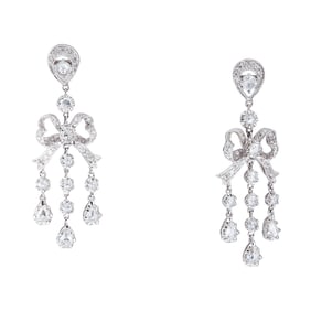 18K White Gold Round and Rose-Cut Diamond Bow Chandelier Earrings