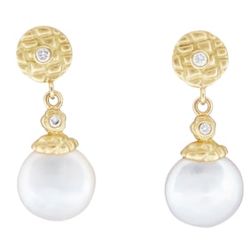 Jane Bohan 18K Yellow Gold Freshwater Pearl and Diamond Earrings