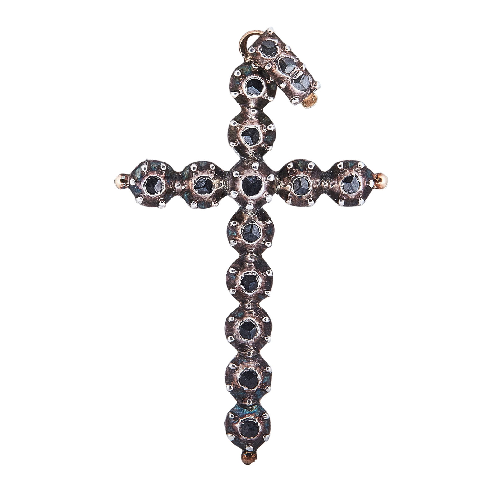 14k Rose Gold and Silver Diamond Cross Pendant: METAL: 14K Rose Gold/Silver; TESTED: 14K Rose Gold/Silver; CONDITION: Pre-owned; ITEM WEIGHT (GRAMS): 6.4 g; MEASUREMENTS: 50mm x 28mm with bail