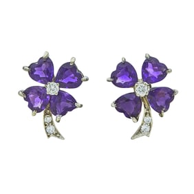 14K White Gold Amethyst and Diamond 4 Heart Clover Earrings