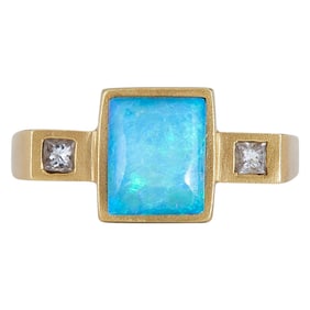 18K Yellow Gold Square-Cut Opal and Diamond Ring