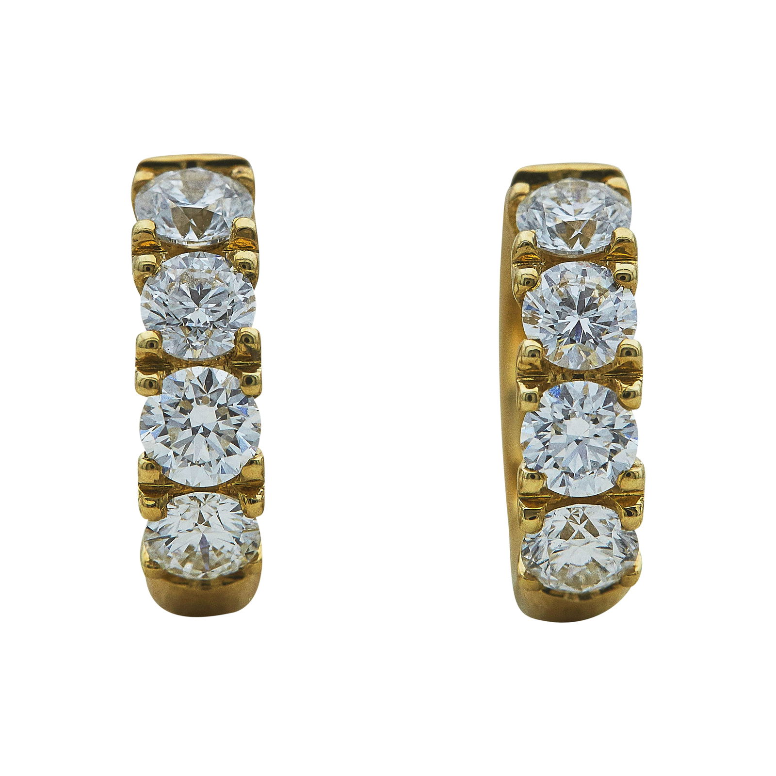 Crivelli 18K Yellow Gold Diamond Huggie Hoop Earrings: BRAND: Crivelli; METAL: 18K Yellow Gold; APPROXIMATE TOTAL DIAMOND WEIGHT: 1.70 ctw; STAMPED: Maker's marks, Made Italy, 750, ct 1.70; CONDITION: Pre-owned, Very Good; ITEM WEIGHT (GRAMS): 7.7 g; MEAS