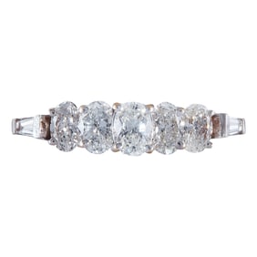 14K White Gold 7 Stone Oval and Baguette Diamond Band Ring