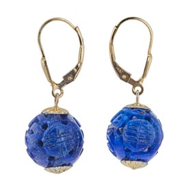 14K Yellow Gold Carved Lapis Lazuli Drop Earrings
