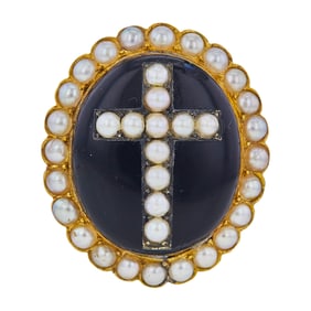 14K Yellow Gold Pearl and Black Onyx Cross Ring