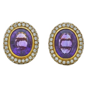 18K Yellow Gold Oval-Cut Amethyst and Diamond Earrings