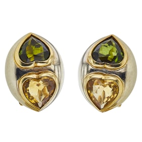 18K Yellow Gold and White Gold Tourmaline and Citrine Double Heart Earrings