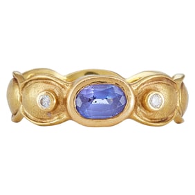 18K Yellow Gold Bezel-Set Tanzanite and Diamond Band Ring