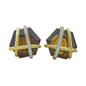 David Yurman 18K Yellow Gold Cable Wrapped Smoky Quartz and Diamond Earrings