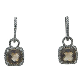 18K White Gold Diamond Huggie Hoop Earrings with Removable Smokey Quartz and Diamond Drops