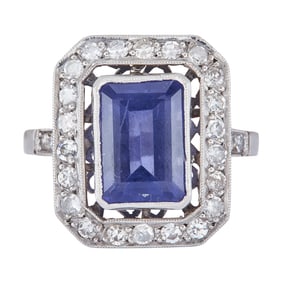 Platinum Emerald-Cut Amethyst and Diamond Ring