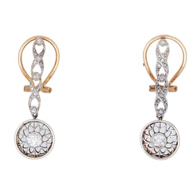 18K Yellow Gold and Platinum Round and Rose-Cut Diamond Openwork Design Drop Earrings