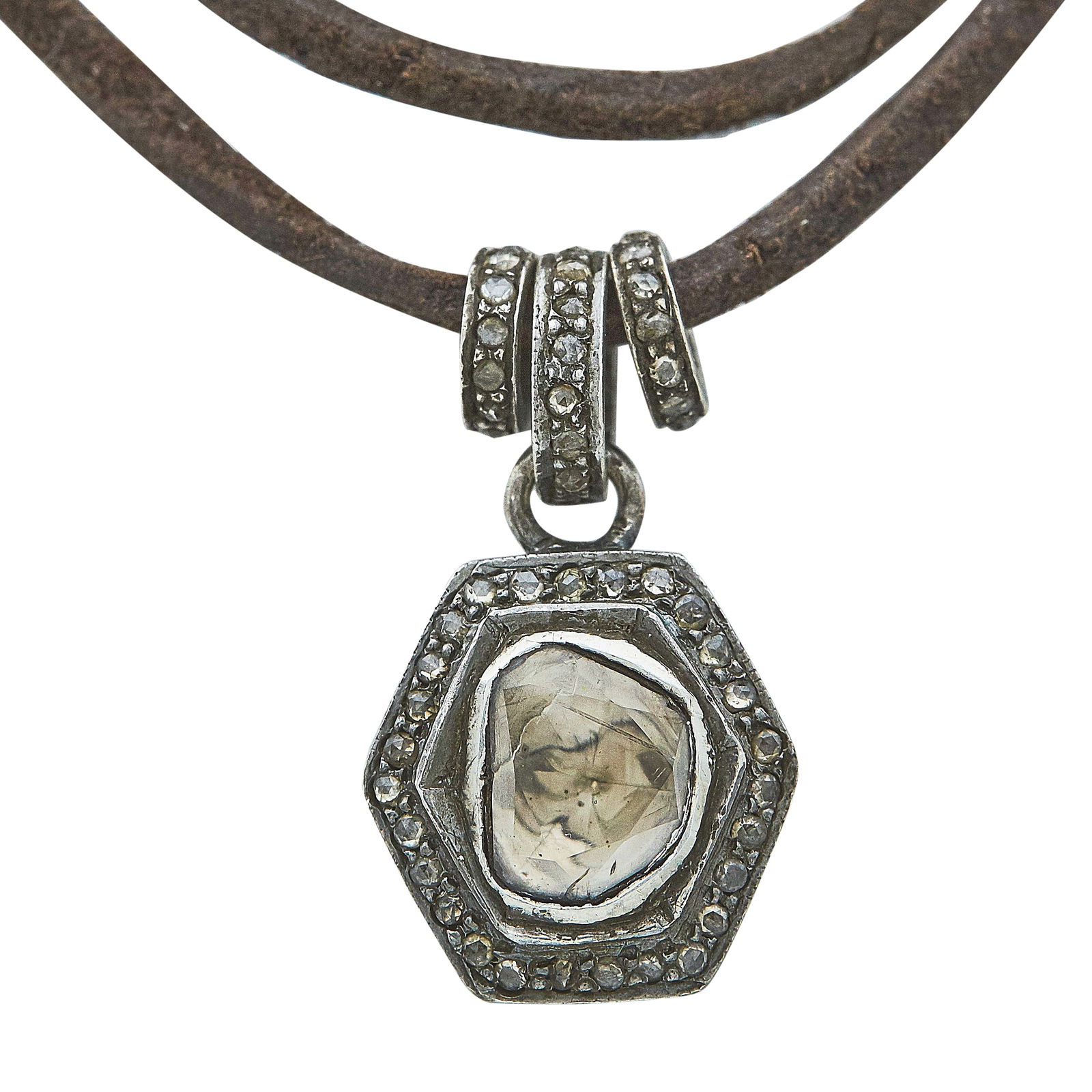 Sterling Silver Rose-Cut Diamond and Diamond Slice Pendant Necklace on Leather Cord (1 of 4)
