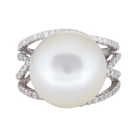 18K White Gold 15.1mm White South Sea Pearl and Diamond Four Row Crossover Band Ring