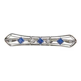 14K White Gold Filigree Sapphire and Diamond Brooch
