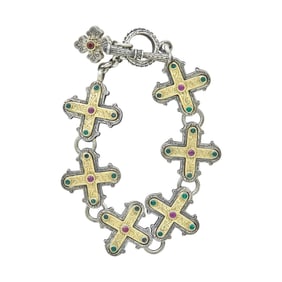 Konstantino Sterling Silver and 18K Yellow Gold Ruby and Emerald Cross Chain Bracelet